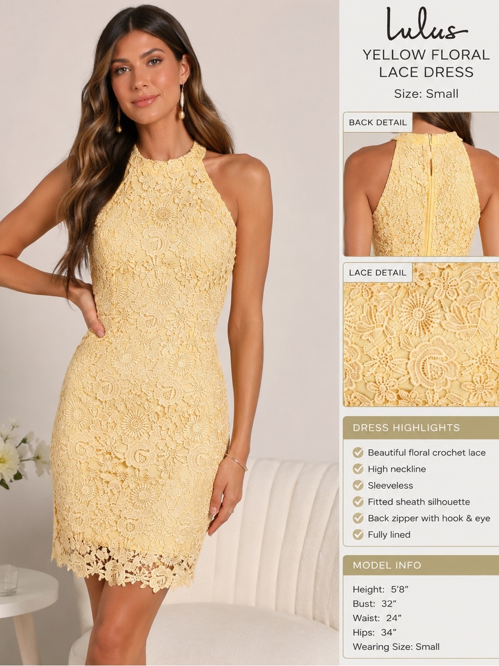 Lulu's Canary Yellow Floral Lace Halter Sheath Mini Dress Size S